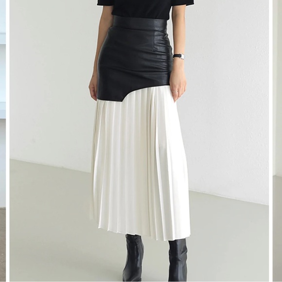 Asymmetric Patchwork Faux Leather Chiffon Pleated Maxi Skirt